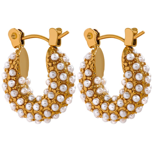 Yhpup Stainless Steel Luxury Small Hoop Earrings Vintage Delicate Imitation Pearls Texture Gold Color Waterproof Fashion Jewelry
