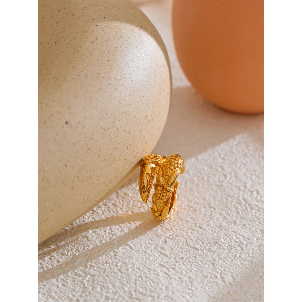 Yhpup 316L Stainless Steel Metal Hammer Snake Twisted Ring Water Resistant Texture Geometric Statement 18k Gold Color Jewelry