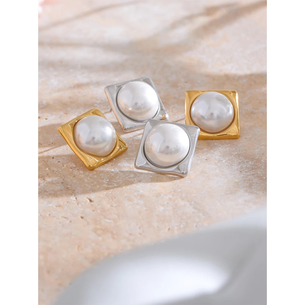 Yhpup 9g/pair Elegant Simulated Pearls Square Golden Stud Earrings for Women 316L Stainless Steel Fashion Classic Jewelry Gift