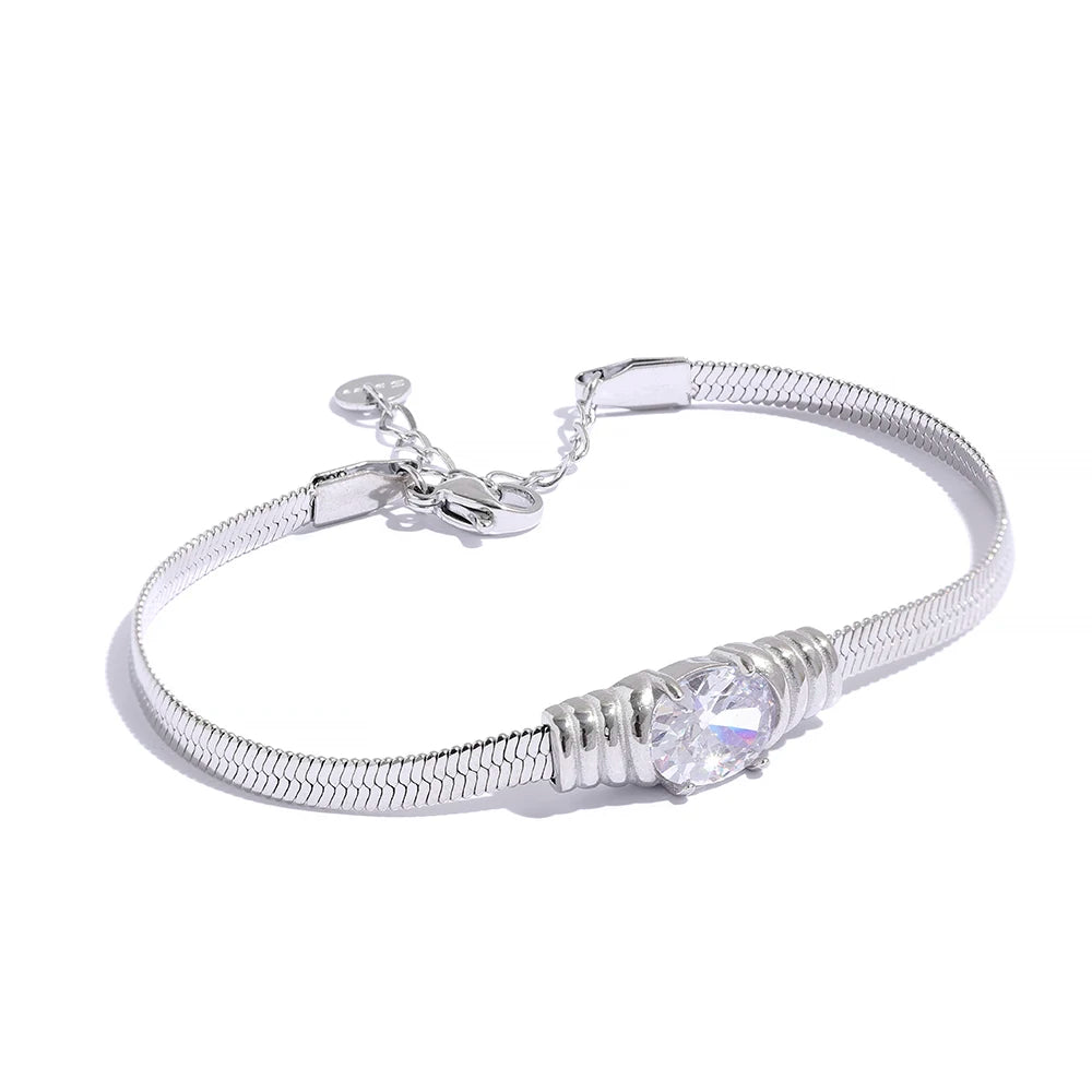 Yhpup Fashion Bling Texture Cubic Zirconia Snake Chain Stainless Steel Bracelet Bangle for Women PVD Gold Color Trendy Jewelry
