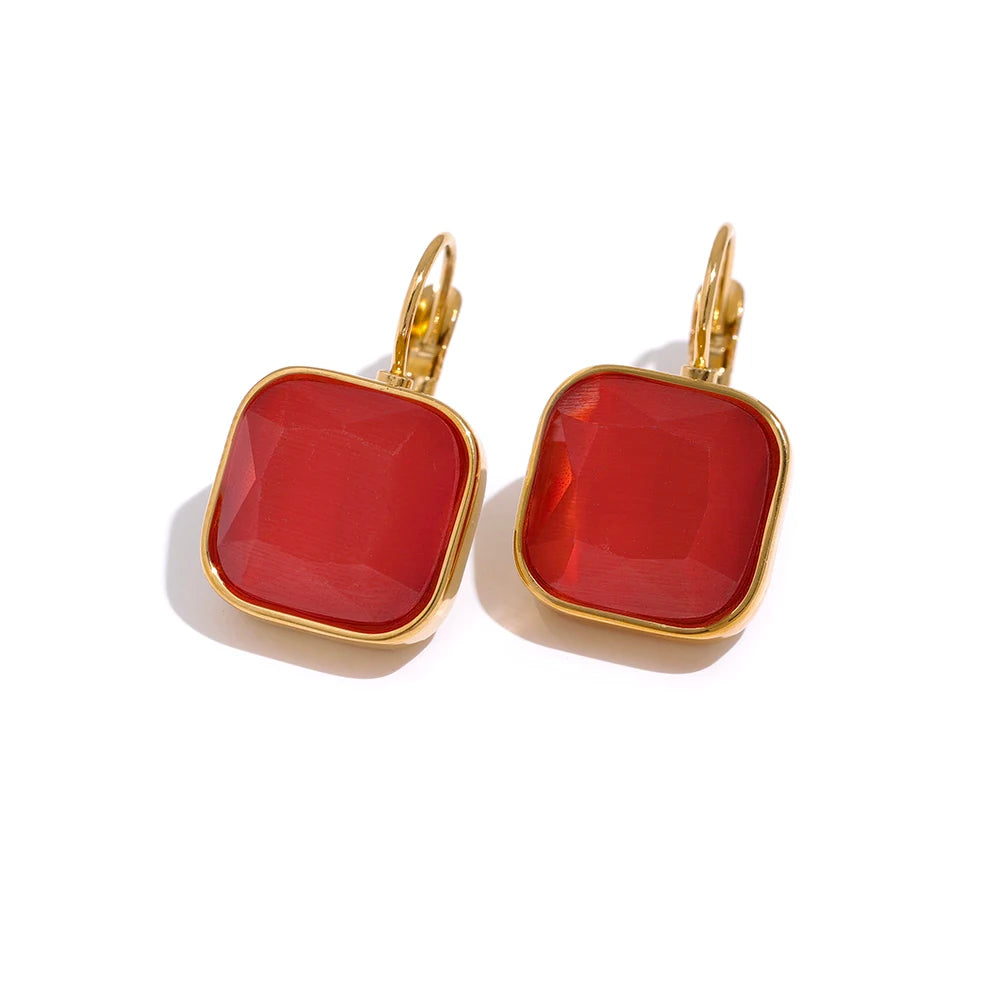Yhpup Delicate Colorful Vintage Charm Square Opal Stone French Hook Earrings Stainless Steel 18k Gold Plated Waterproof Jewelry