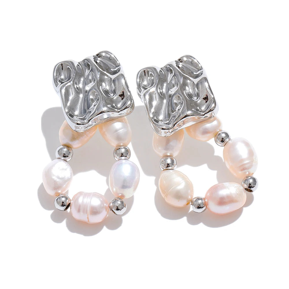 Yhpup High Quality Natural Freshwater Pearl Geometric Fashion Drop Earrings Rust Proof Stainless Steel Elegant Jewelry Gift