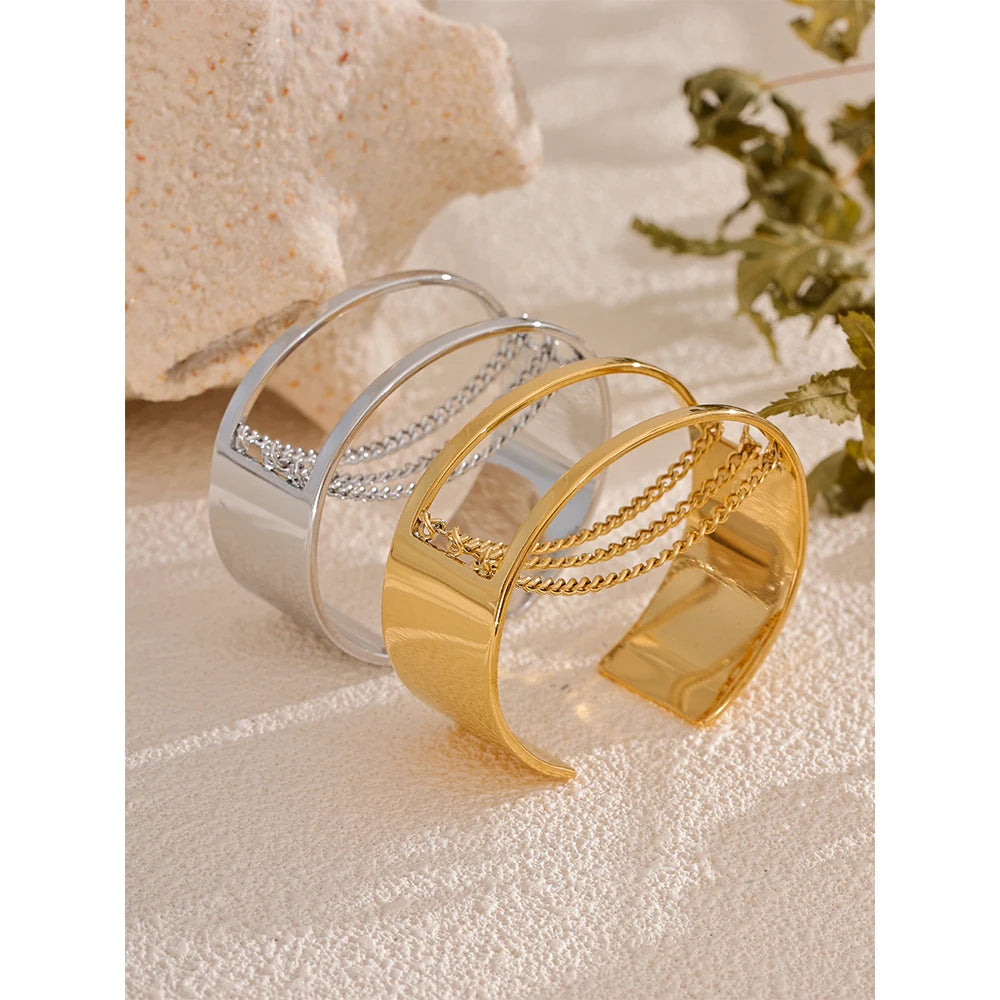 Yhpup Statement Stainless Steel Hollow Chain Wide Adjustable Bracelet Bangle Waterproof Gold Color High Quality Jewelry New