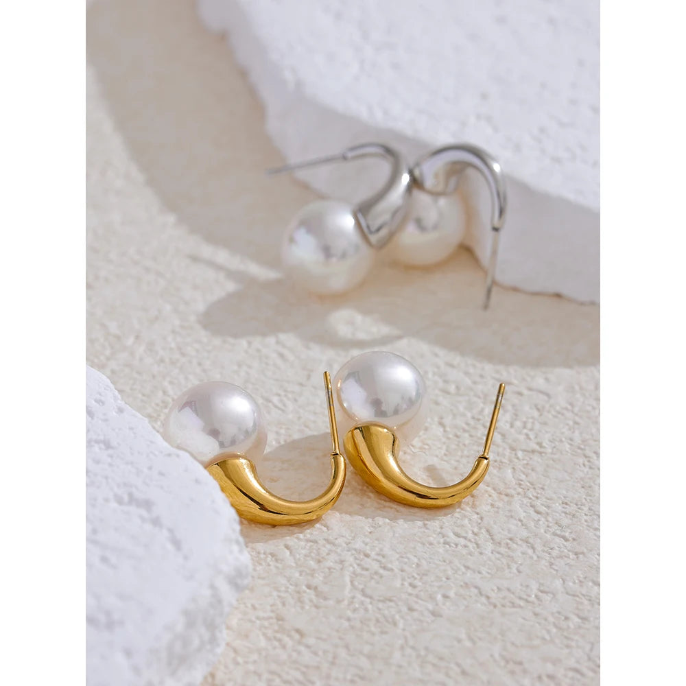 Yhpup Popular Imitation Pearls Stainless Steel Round Geometric High Quality Earrings Korean Daily Fashion Jewelry for Women
