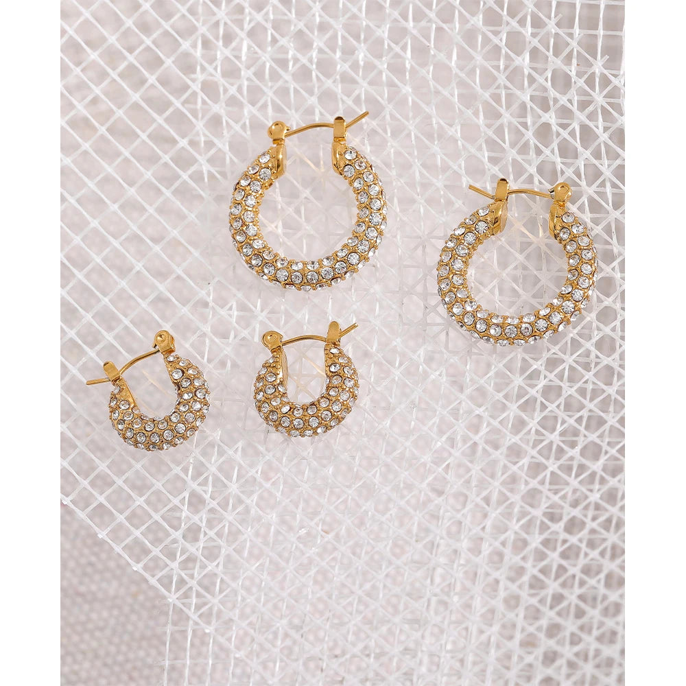 Yhpup Luxury Bling Cubic Zirconia Round Stainless Steel Chunky Huggie Hoop Earrings 18K Gold Color Texture Exquisite Jewelry