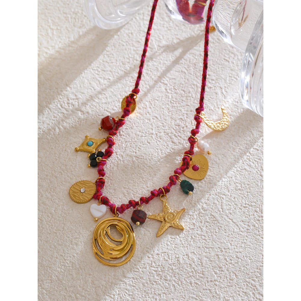 Yhpup Fashion Rope Braided Handmade Necklace Drop Natural Stone Moon Star Stainless Steel Accessories Popular Jewelry