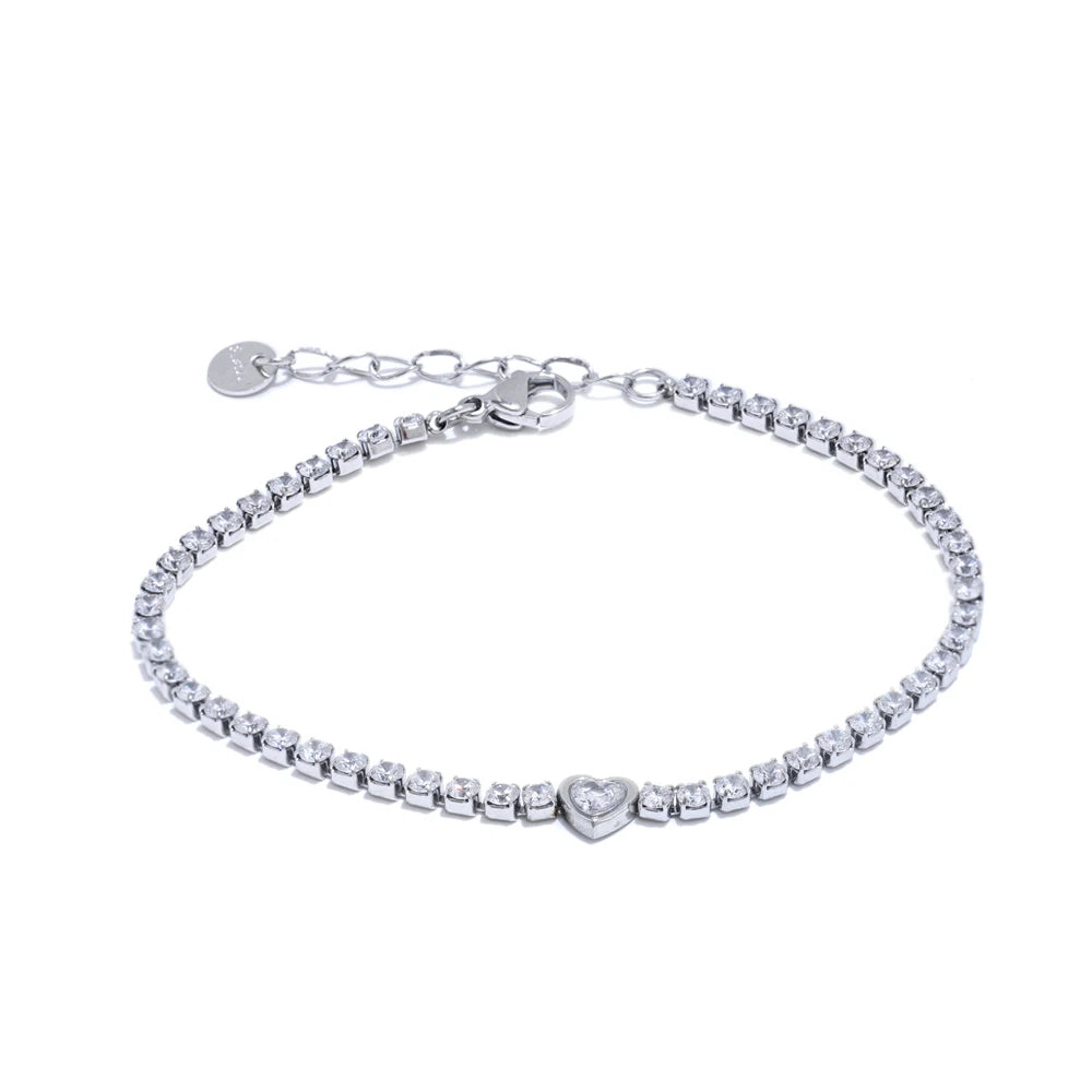Yhpup Delicate Bling Cubic Zirconia Heart Chain Bracelet Bangle Exquisite Stainless Steel Shiny Waterproof Wrist Jewelry Gift