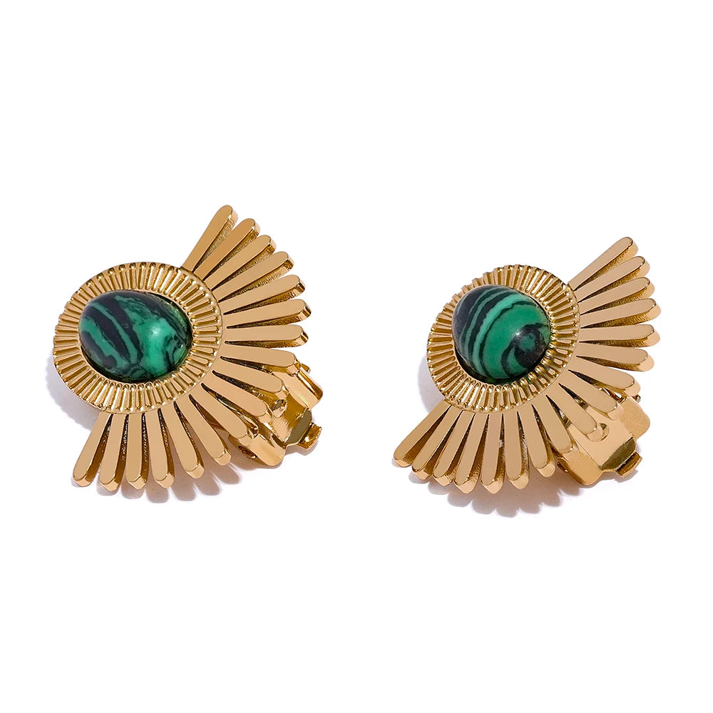 Yhpup Stainless Steel Black Stone Ear Clip Earrings Statement Golden Metal Sun Flower Earrings for Women Bijoux Femme Gala Gift