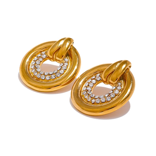 Yhpup Popular Cubic Zirconia Stainless Steel Metal Round Hollow Daily Stud Earrings Tarnish Resistant Fashion Jewelry Bijoux