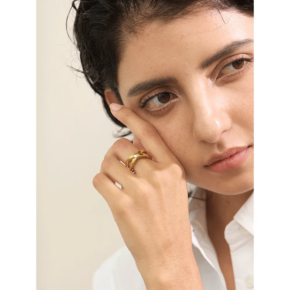 Yhpup Stainless Steel Geometric Ring 18K Gold PVD Plated Minimalist Unusual Jewelry New