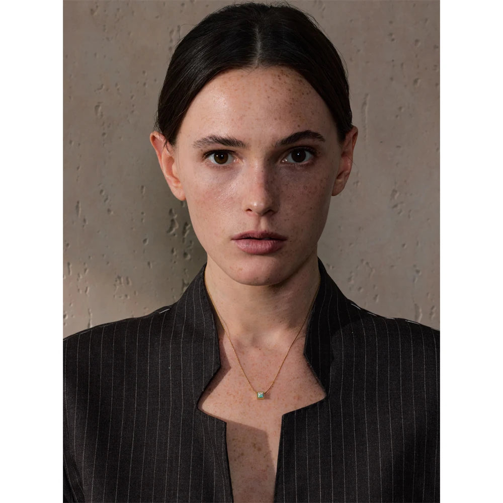 Yhpup Delicate Stainless Steel Square Natural Opal Stone Pendant Necklace Chain Stylish Dainty Golden Collar Chic Jewelry Gift