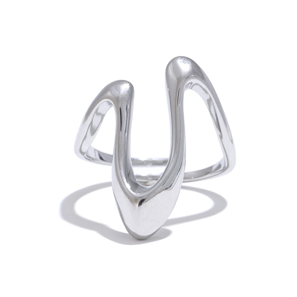 Yhpup Rust Proof Stainless Steel Metal U Shape Fashion Minimalist Adjustable Ring Fashion Jewelry Accessories Real Gold Plated