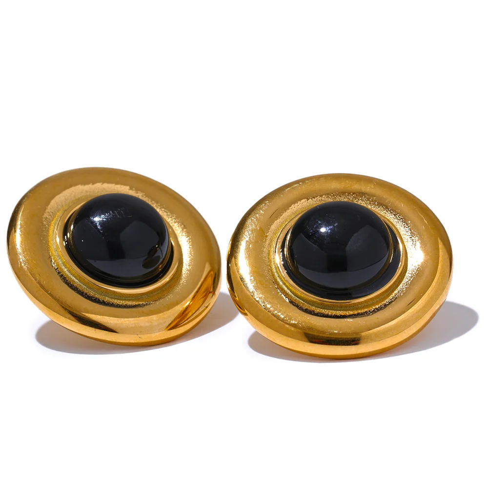 Yhpup Red Black Natural Stone Stainless Steel Round Stud Earrings for Women Gold Color Fashion Statement Jewelry Waterproof Gift