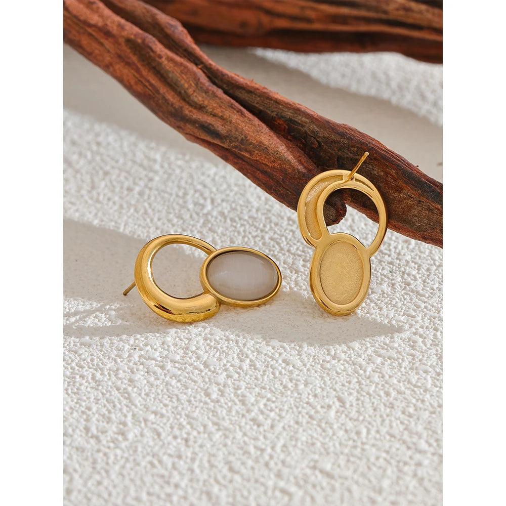 Yhpup Fashion Natural Stone Golden Stud Earrings for Women Stainless Steel Versatile Daily Korean Waterproof Jewelry Bijoux