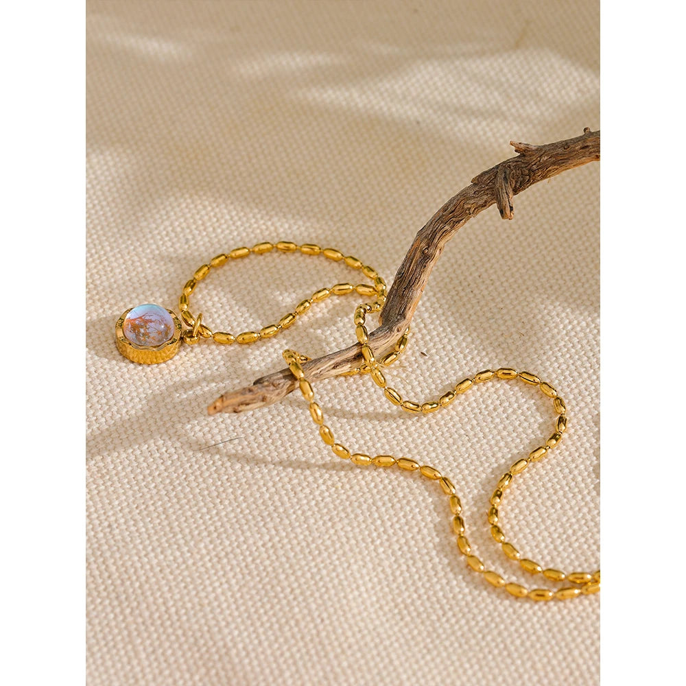 Yhpup Stainless Steel Exquisite Moonlight Stone Drop Necklace for Women High Quality Chic Chain Charm Jewelry Gift Waterproof