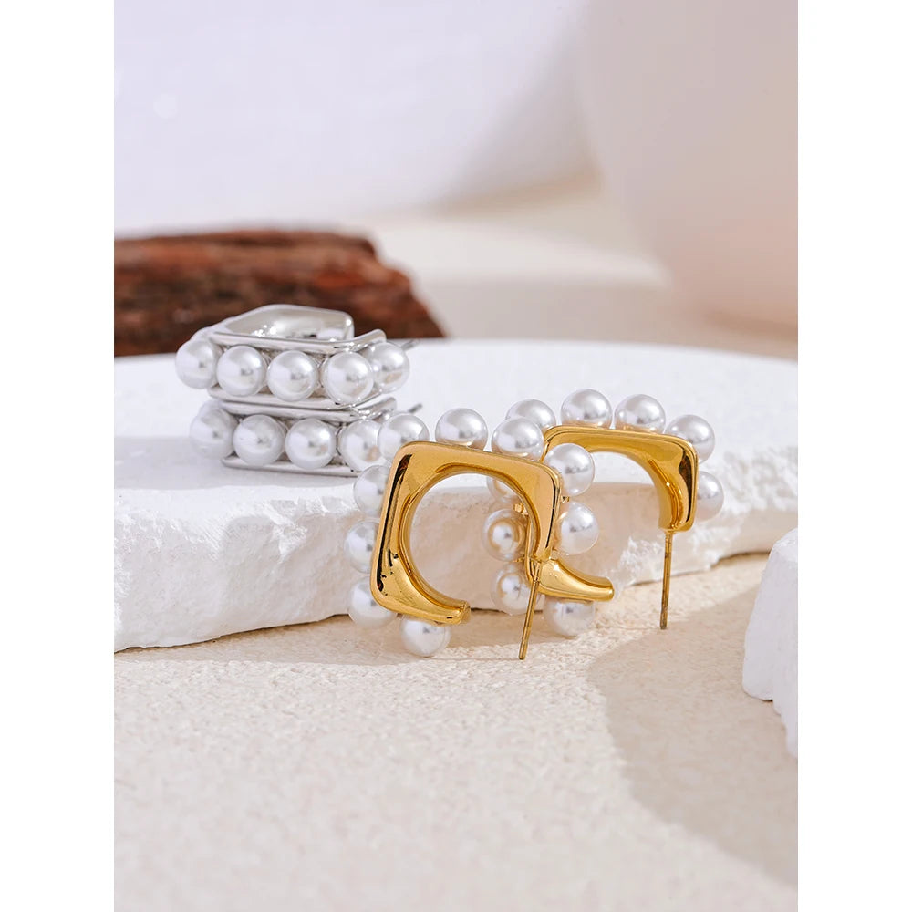 Yhpup Fashion Imitation Pearls 316L Stainless Steel Square Geometric Huggie Earrings Exquisite Korean Jewelry серьги тренд