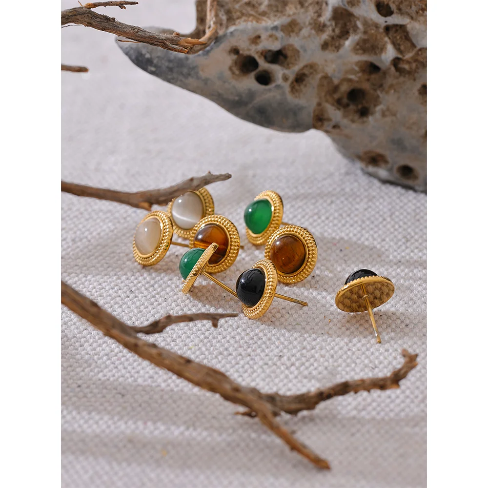 Yhpup Exquisite Natural Stone Stainless Steel Round Small Stud Earrings Waterproof Trendy High Quality Daily Jewelry Bijoux