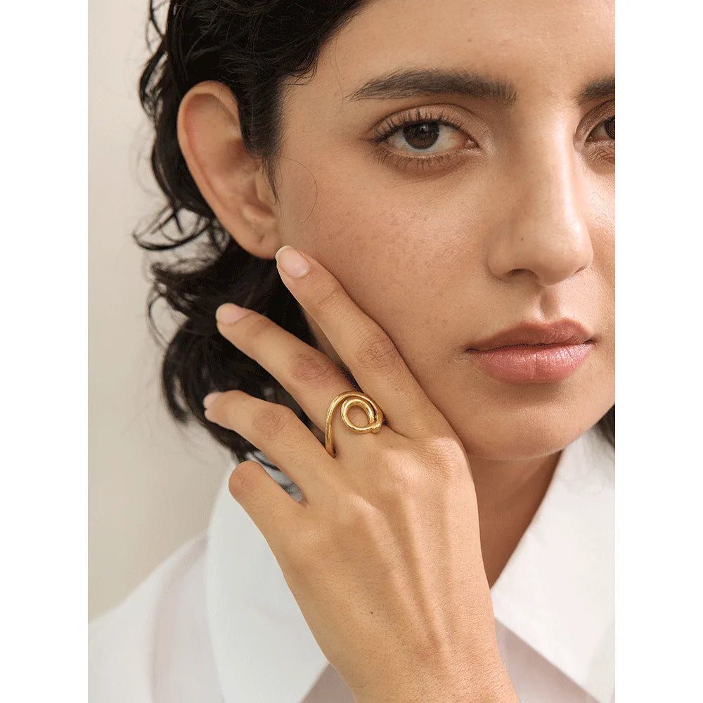 Yhpup Statement 316L Stainless Steel Geometric Line Unusual Ring Gold Color Rust Proof Attractive Fashion Jewelry for Women