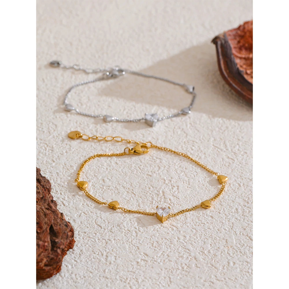 Yhpup Zirconia Heart Love Chain Fashion Bracelet Bangle Waterproof Stainless Steel Exquisite Ankle Foot Jewelry