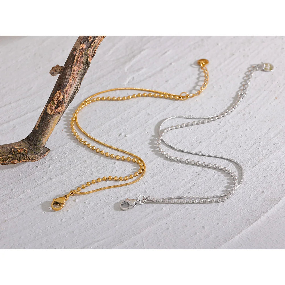 Yhpup Stainless Steel Flat & Bead Chains Double Layer Fashion Bracelet Bangle Men Women Charm Summer Beach Trendy Chic Jewelry