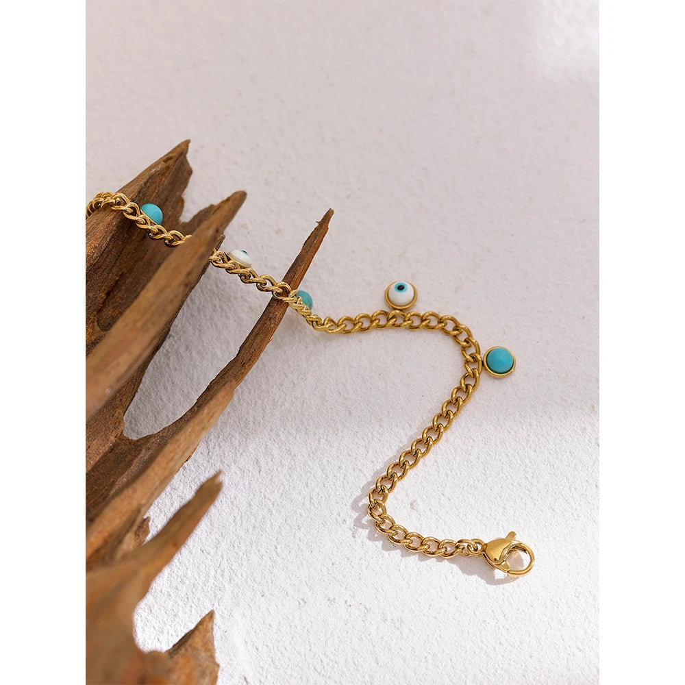 Yhpup Stainless Steel Turquoise Stone Resin Eye Charm Fashion Bracelet Bangle Golden Daily Trendy Jewelry for Female Браслет