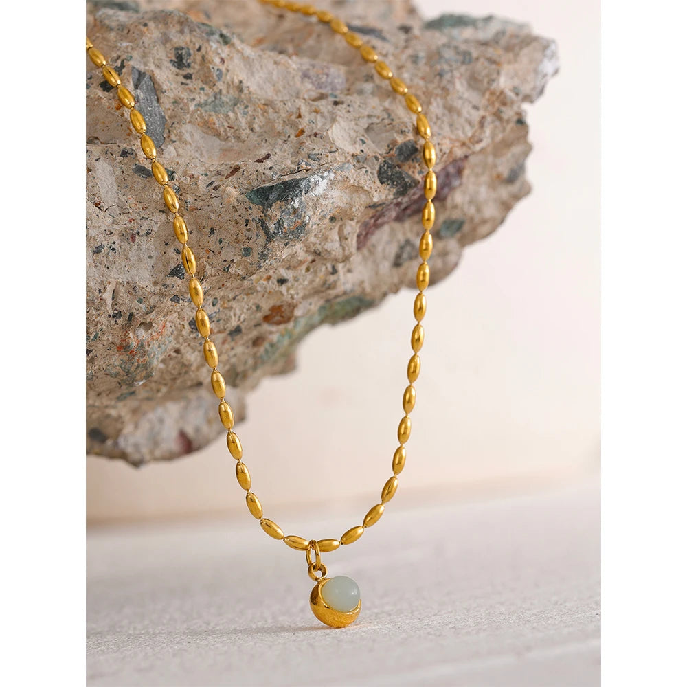 Yhpup Small Aventurine Natural Stone Pendant Stainless Steel 18k Gold Color Necklace Delicate Fashion Chic Jewelry for Women