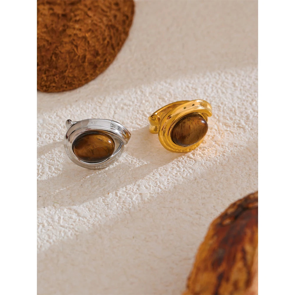 Yhpup Popular Stainless Steel Natural Tiger Stone Finger Ring Gold Silver Color Waterproof Geometric Charm Jewelry