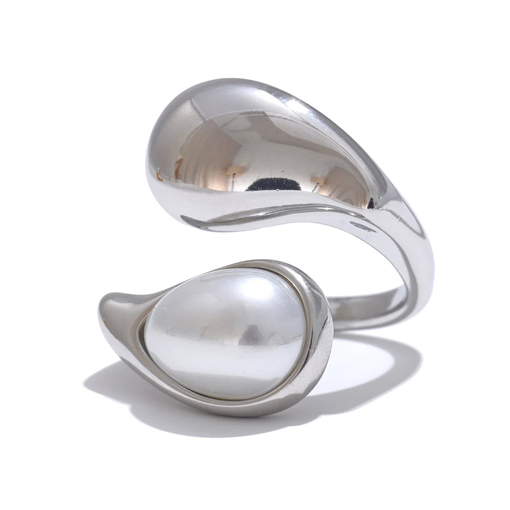 Yhpup Fashion Imitation Pearl Water Drop Finger Adjustable Ring Women 316L Stainless Steel Elegant Gold Platinum Plated Jewelry