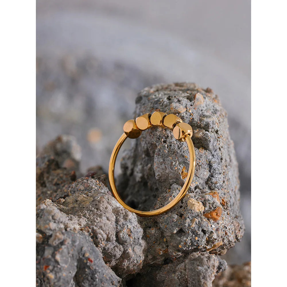 Yhpup Stainless Steel Square Beads Ring Women Fashion Thin Metal Gold Silver Color Summer Rust Proof Finger Jewelry Anneaux