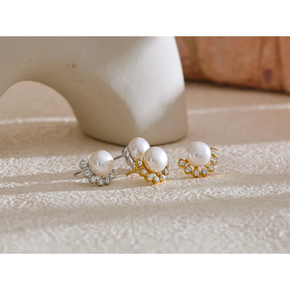 Yhpup Delicate Smooth Simulated Pearls Zirconia Chic Stud Earrings Korean Trendy Exquisite Stainless Steel Fashion Jewelry Gift
