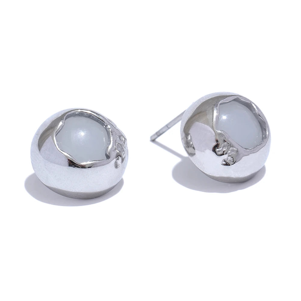 Yhpup Exquisite Natural Stone Stainless Steel Round Fashion Stud Earrings High Quality Stylish Versatile Daily Jewelry for Women