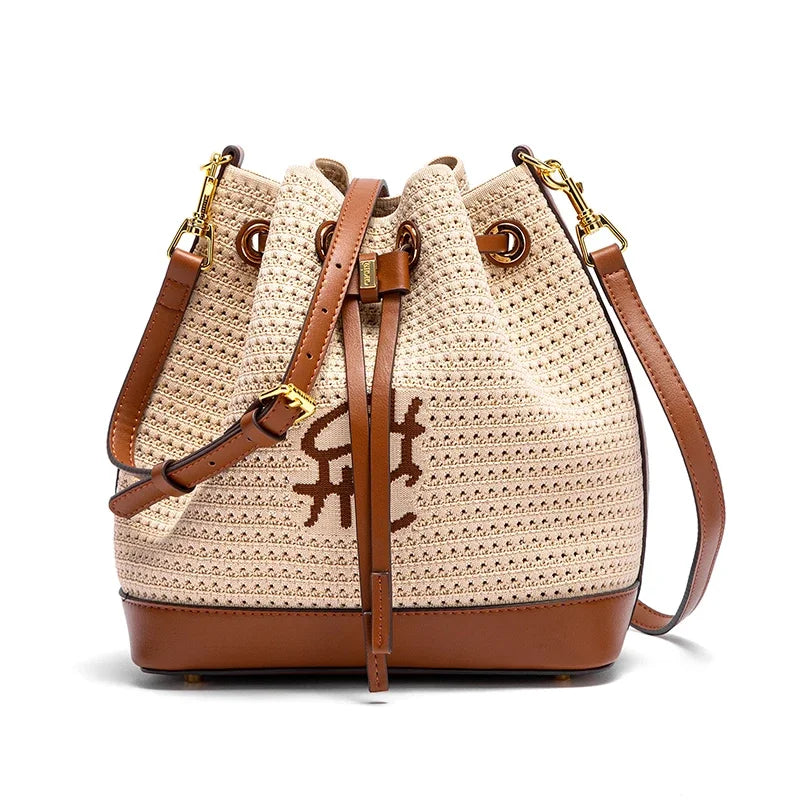 Women's Bucket Bag Vacation Style Women's Shoulder BagSpring New Fabric Splicing Design Handbag