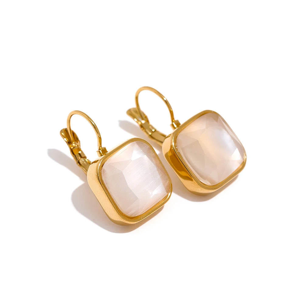 Yhpup Delicate Colorful Vintage Charm Square Opal Stone French Hook Earrings Stainless Steel 18k Gold Plated Waterproof Jewelry
