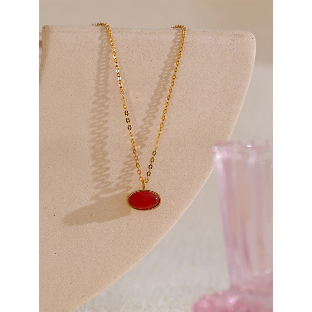 Yhpup Stainless Steel Red Agate Natural Stone Chic Pendant Necklace Trendy Collar 18K Golden PVD Plated Charm Jewelry Waterproof