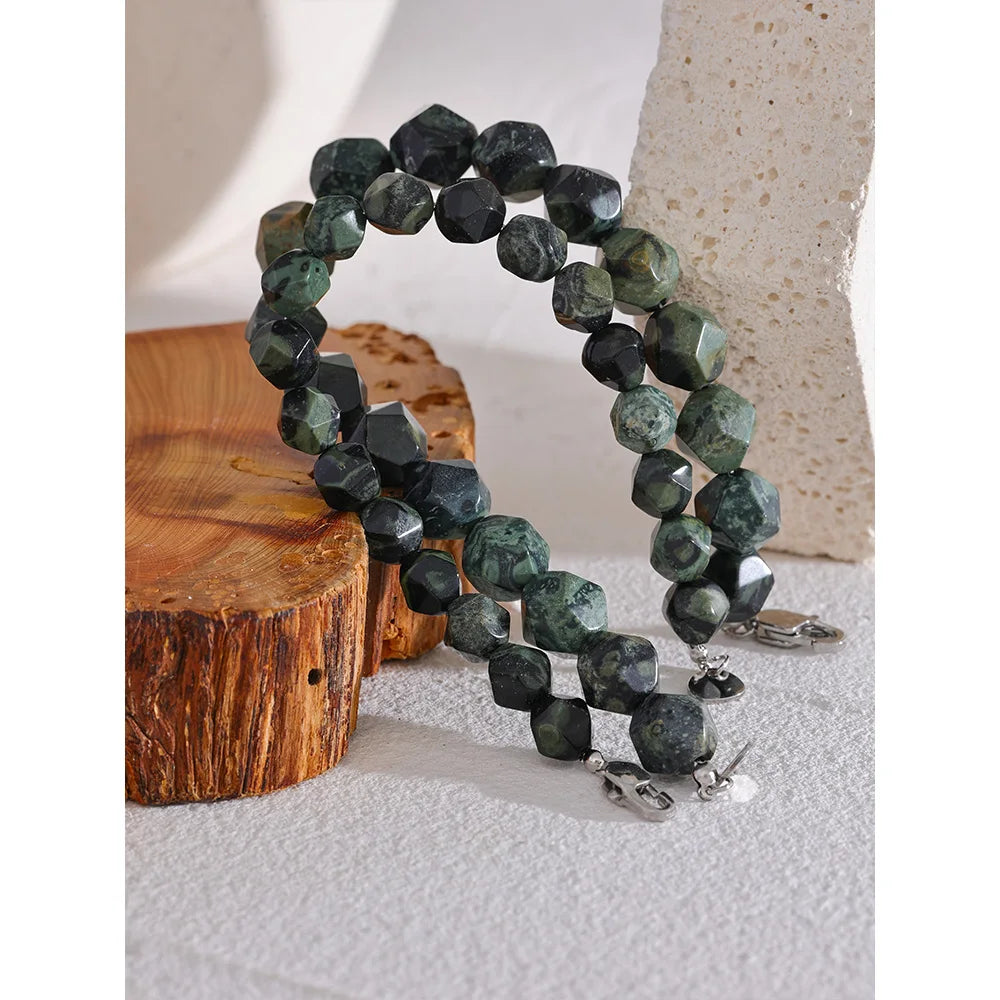 Yhpup 8# 10# Natural Malachite Cub Stone Beads Chain Handmade Bracelet Bangle Stainless Steel Men Women Unisex Health Jewelry