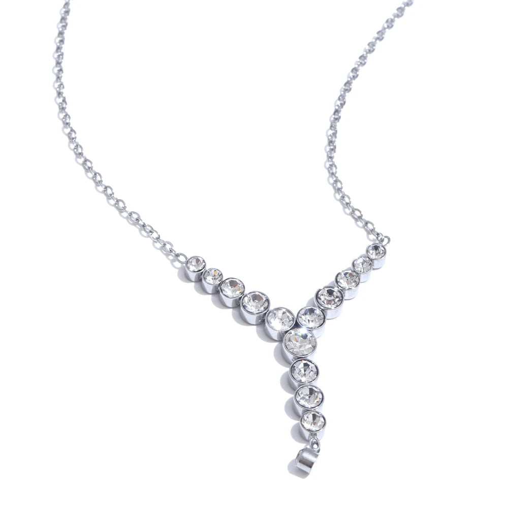 Yhpup Waterproof Exquisite Bling Cubic Zirconia Y-Shape Chic Necklace Pendant Stainless Steel Luxury Jewelry Delicate Gift