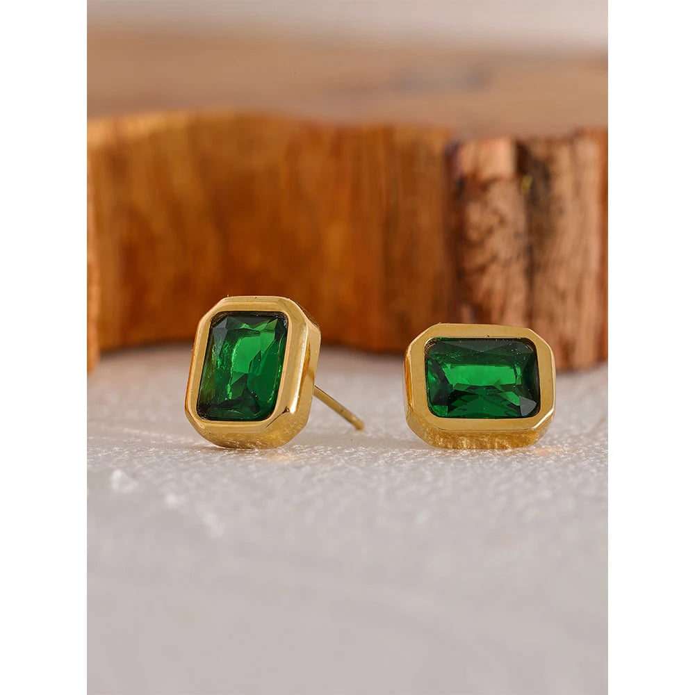 Yhpup Square Geometric White Green Cubic Zirconia CZ Bling Stud Earrings Stainess Steel Waterproof Charm Women Basic Jewelry