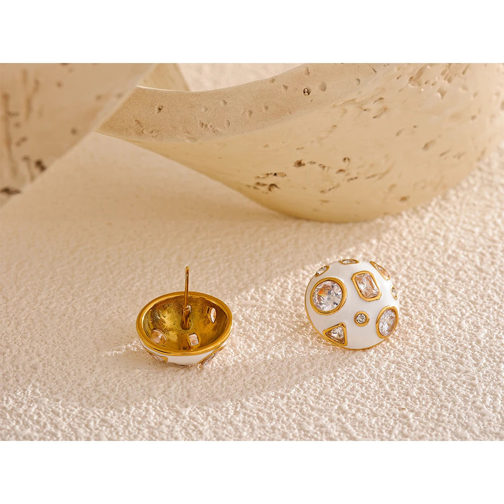 Yhpup Stainless Steel White Enamel inlaid Cubic Zirconia Charm Stud Earrings for Women Fashion Waterproof Jewelry
