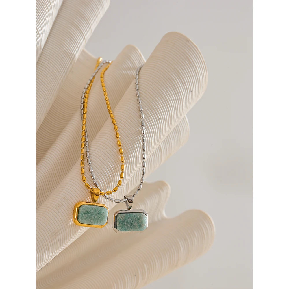 Yhpup Amazonite Square Natural Stone Stylish Pendant Stainless Steel Necklace Chic Exclusive Waterproof High Quality Jewelry