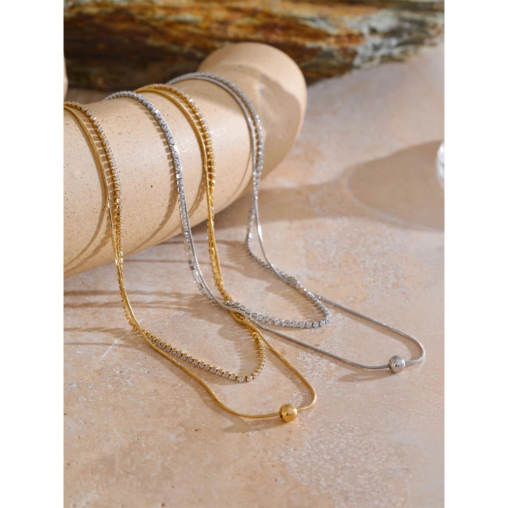 Yhpup Bling Cubic Zirconia Double-Layer Chain Stylish Necklace Exquisite Collar Jewelry Gold & Platinum Color Plated for Women