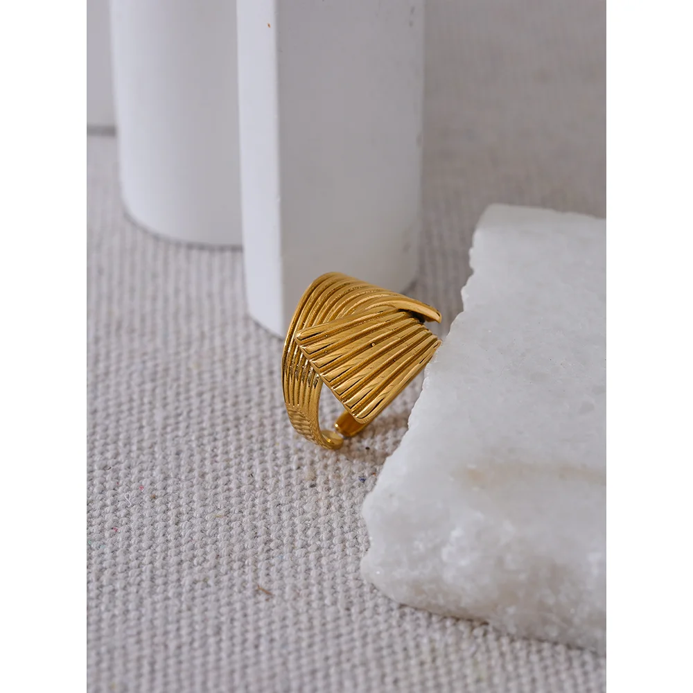 Yhpup New Stainless Steel Metal Geometric Golden Wide Ring Statement Texture 18K PVD Plated Attractive Jewelry Bijoux