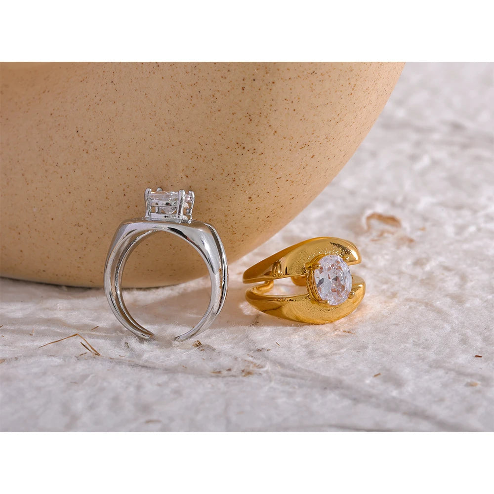 Yhpup Delicate Bling Cubic Zirconia Stainless Steel Wide Geometric Fashion Ring Texture PVD Plated Waterproof Jewelry Gift
