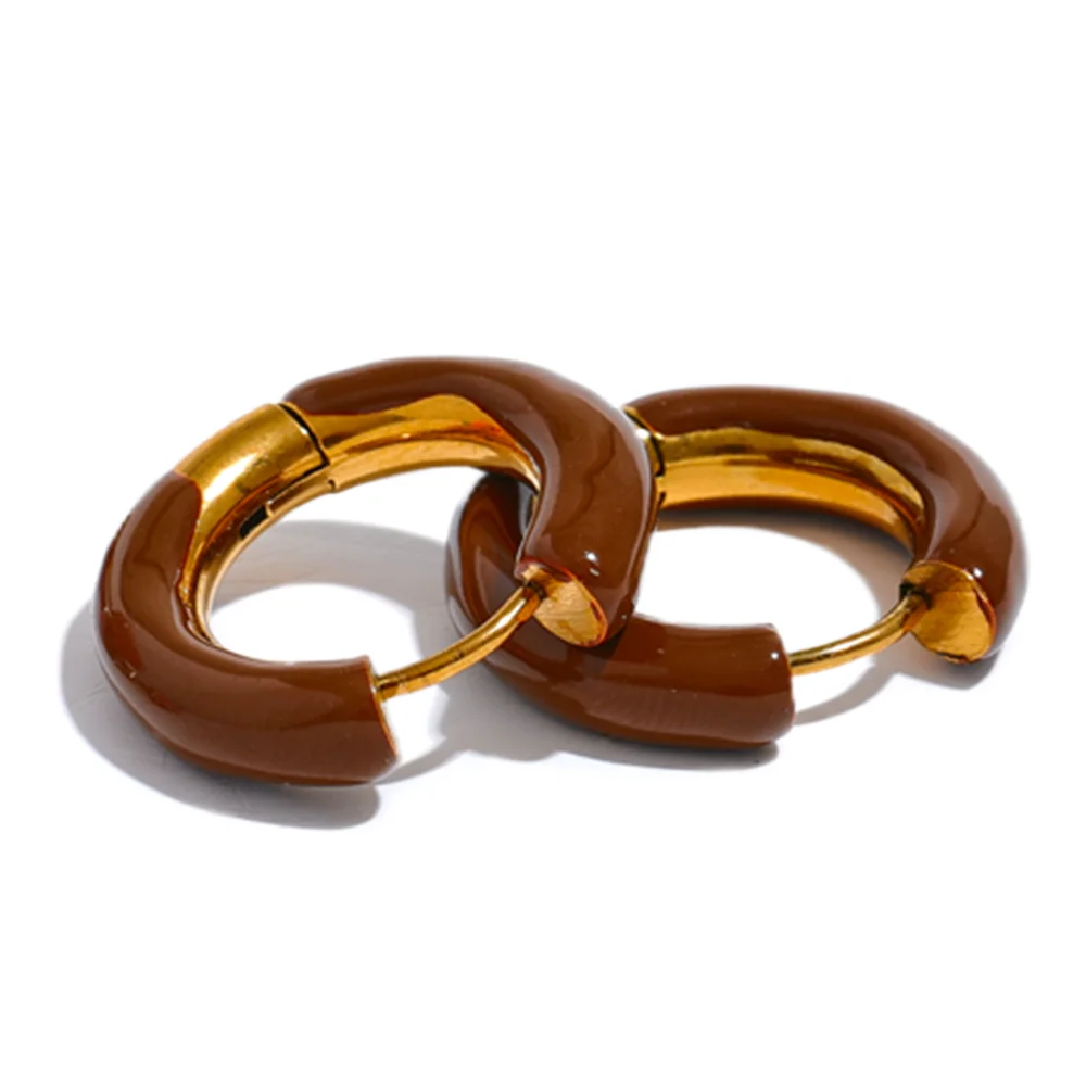 Yhpup 20mm Candy Color Blue Pink Brown Enamel Stainless Steel Hollow Hoop Earrings Golden Simple Trendy Y2K Sweet Jewelry Gift