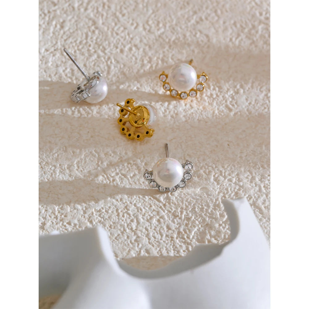 Yhpup Delicate Smooth Simulated Pearls Zirconia Chic Stud Earrings Korean Trendy Exquisite Stainless Steel Fashion Jewelry Gift