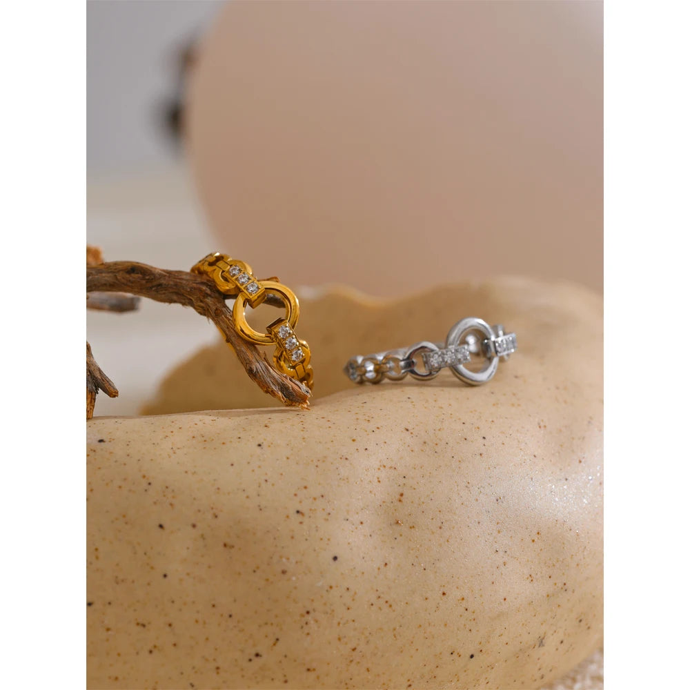 Yhpup 678# High Quality Stainless Steel Cubic Zirconia Setting Link Finger Ring Exquisite Stylish Jewelry Daily Gift for Self