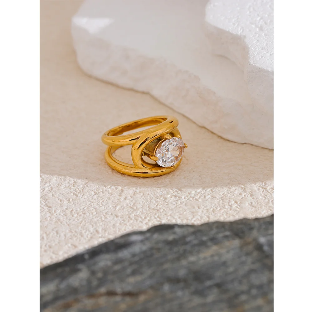 Yhpup Shiny AAA Cubic Zirconia Stainless Steel Gold Color PVD Plated Ring Temperament Fashion Women Fashion Finger Jewelry Gift