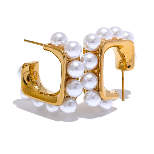 Yhpup Fashion Imitation Pearls 316L Stainless Steel Square Geometric Huggie Earrings Exquisite Korean Jewelry серьги тренд