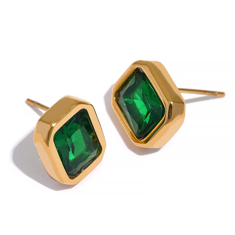 Yhpup Square Geometric White Green Cubic Zirconia CZ Bling Stud Earrings Stainess Steel Waterproof Charm Women Basic Jewelry