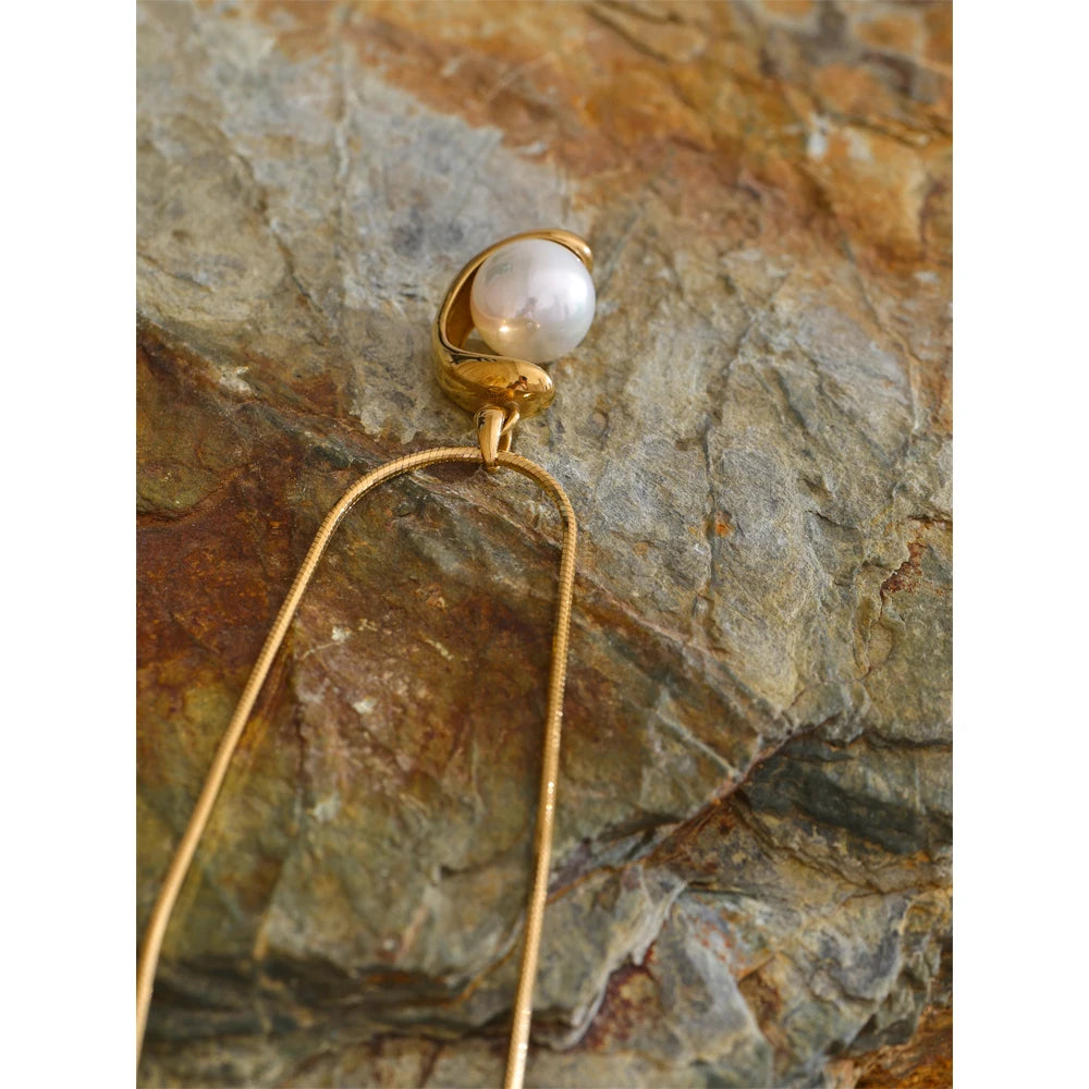 Yhpup Elegant Imitation Pearls Geometric Pendant Necklace for Women Stainless Steel Korean Style Fashion Jewelry