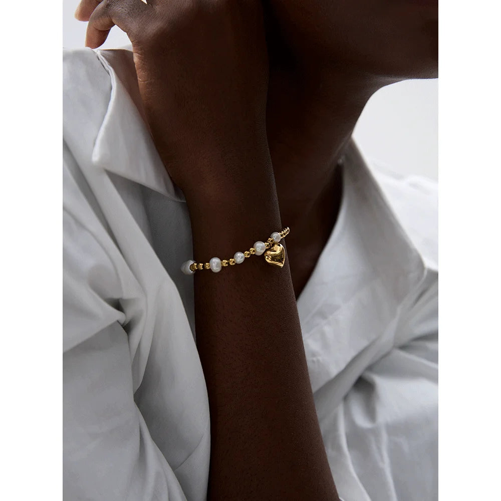 Yhpup Stainless Steel Natural Pearl Round Beads Chain Drop Heart Elastic Bracelet Bangle High-Grade Fashion Women Jewelry Bijoux